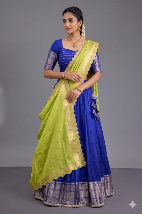 Blue and Green Mangalgiri Half Saree