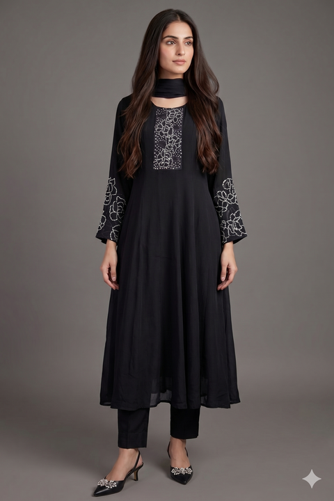 Black Chinnon Anarkali Set