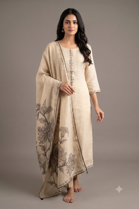 Cream and Black Lenin Cotton Kurta Set