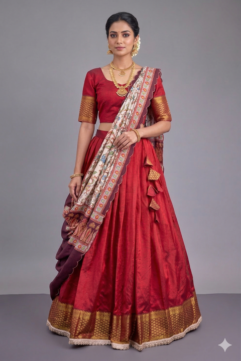 Ruby Red Mangalgiri Half Saree with Kalamkari dupatta