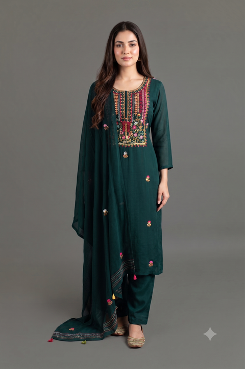Bottle Green French Embroidery Kurta Set