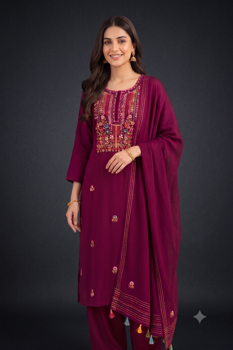 Magenta French Embroidery Kurta Set