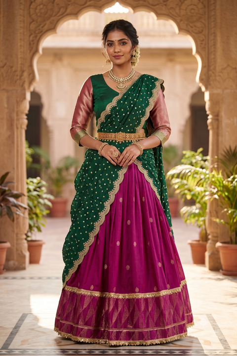 Green & Purple Dola Silk Half Saree