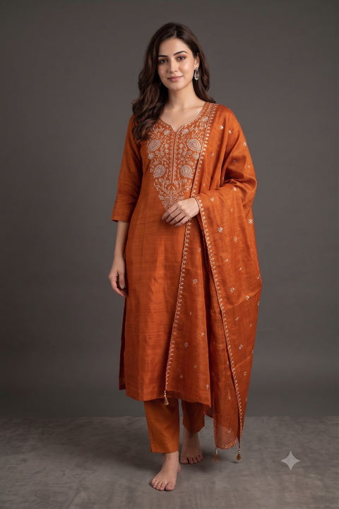 Rust Orange Lenin Tissue Kurta Set