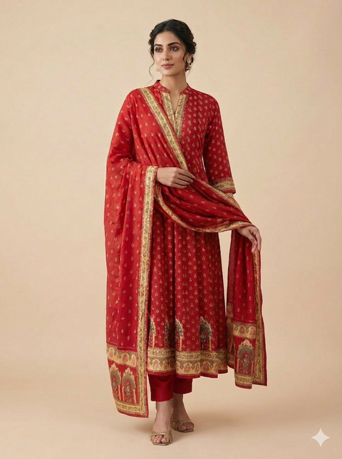 Red Crepe Anarkali Set