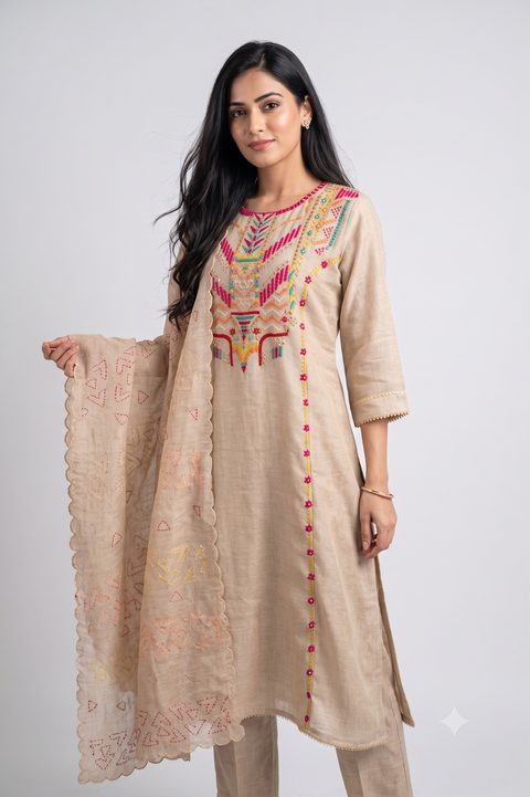 Cream and Pink Lenin Cotton Kurta Set
