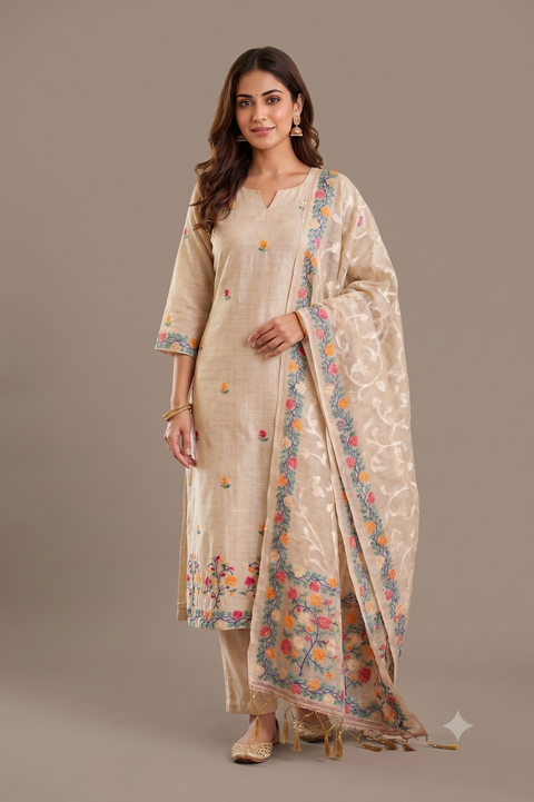 Beige Lenin Cotton Kurta Set