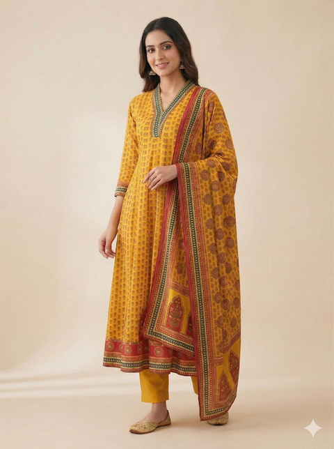 Yellow Crepe Anarkali Set