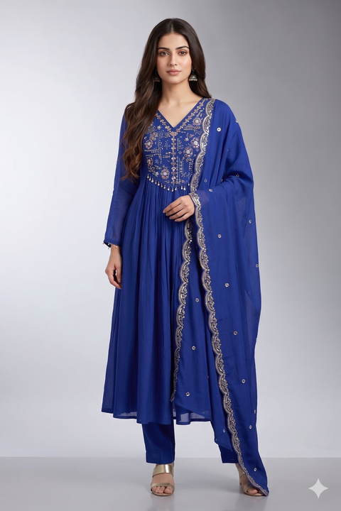 Royal Blue Chanderi Anarkali Set