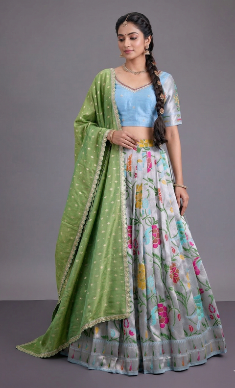 Pastel Blue and Sage Green Paithani Half Saree