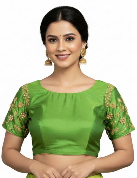 Parrot Green Readymade Blouse with Hand Work