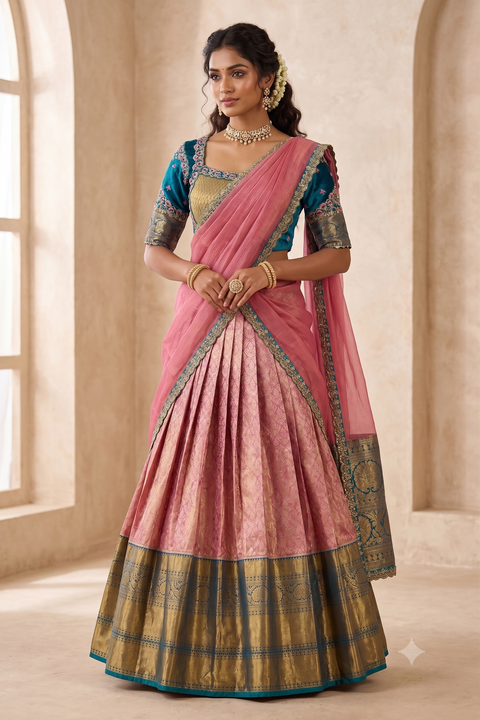 Pink and Blue Kanjivaram Half Saree