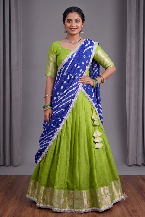 Green and Blue Mangalgiri Half Saree