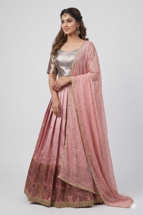 Pink & Brown Tissue Half Saree