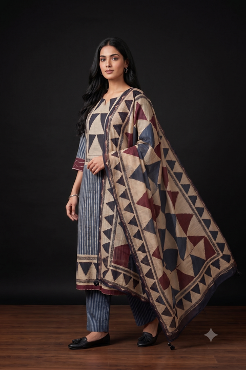 Black and Wine Lenin Cotton Kurta, Pants and Dupatta Set