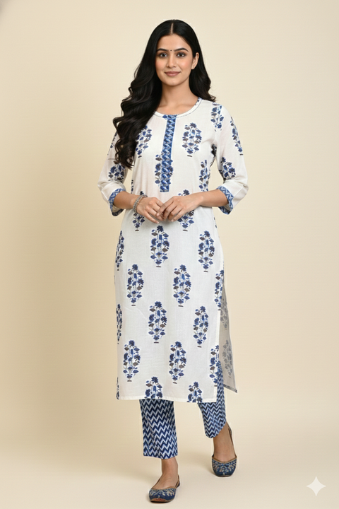 White and Navy Blue Kurta & Pant Set