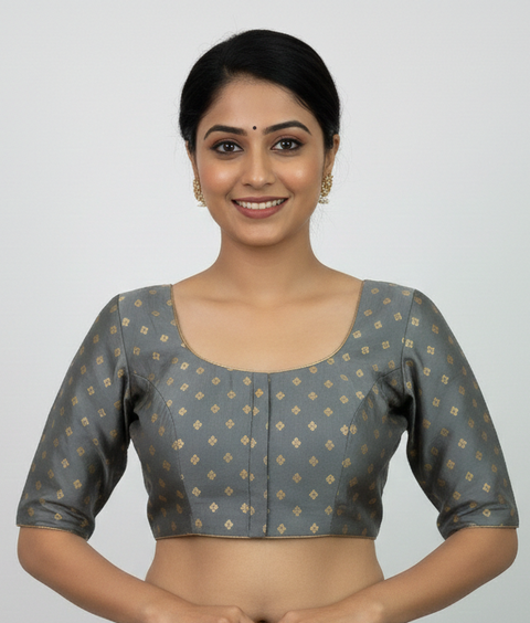Grey Readymade Blouse with Gold Butis