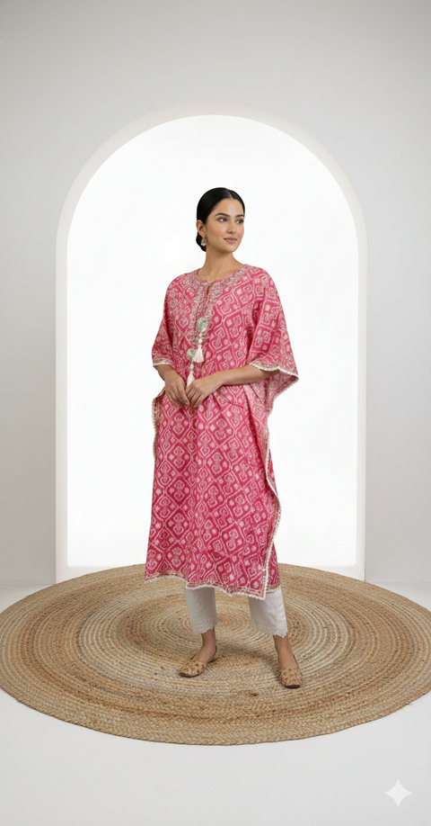 Pink and White Kaftan Kurta & Pant Set