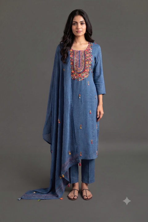 Blue French Embroidery Kurta Set