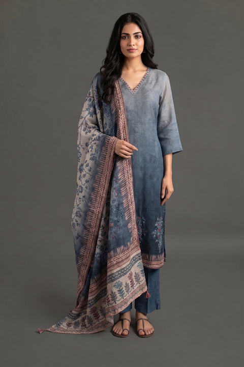 Grey and Red Lenin Cotton Kurta, Pants and Dupatta Set