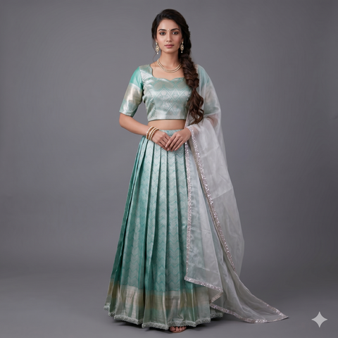 Green & Silver Tissue Half Saree