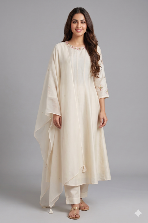 Cream Chanderi Anarkali Set