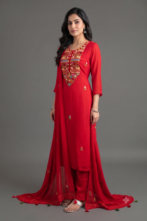 Red French Embroidery Kurta Set