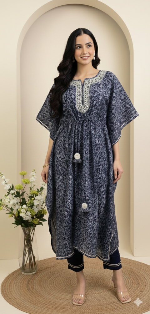 Navy Blue Kaftan Kurta & Pant Set
