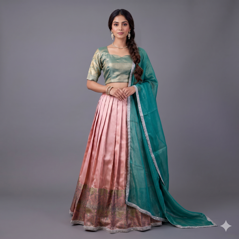 Peach & Green Tissue Half Saree