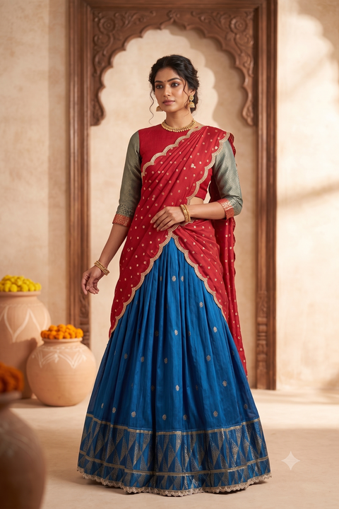 Blue & Red Dola Silk Half Saree