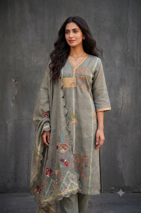 Grey Lenin Cotton Kurta, Pants and Dupatta Set