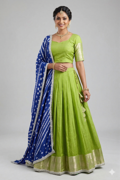 Green and Blue Mangalgiri Half Saree
