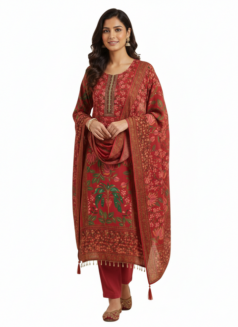 Red Kurta, Pants and Dupatta Set