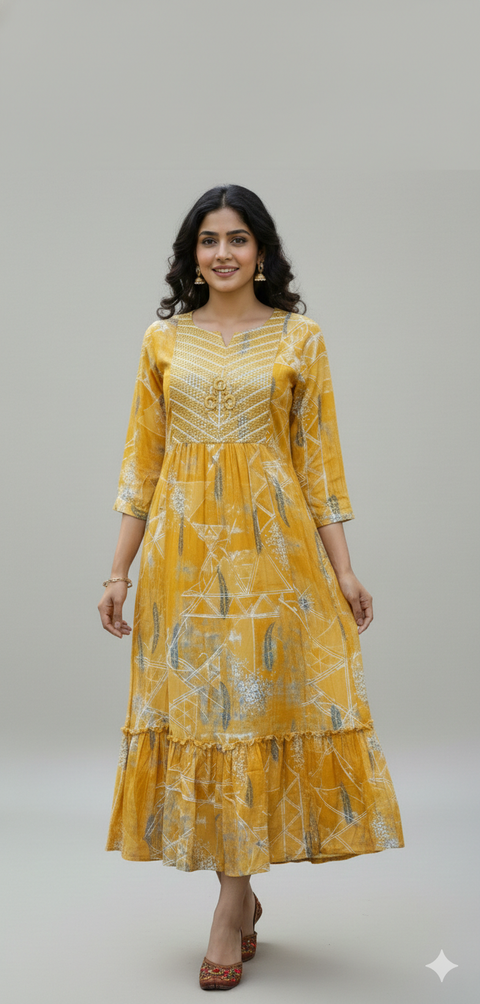 Mustard Tiered Dress with Floral Embroidery and Mirror Work