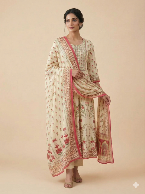 White Crepe Anarkali Set