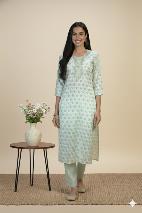 Cream & Blue Kurta & Pant Set