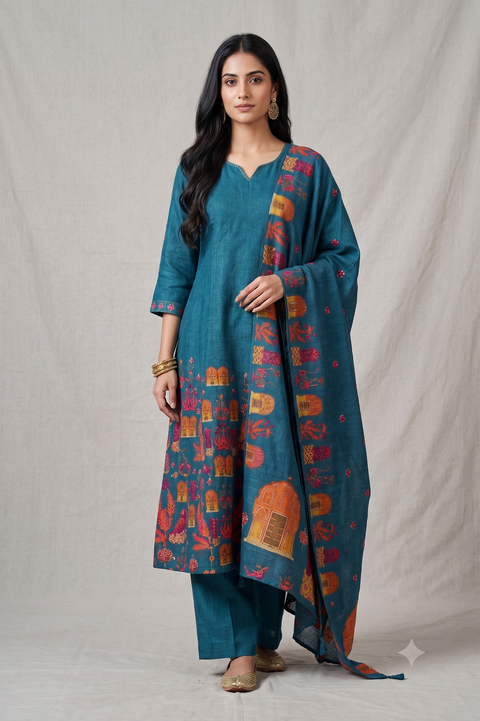 Teal Lenin Cotton Kurta Set