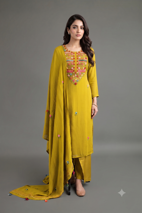 Sage Green French Embroidery Kurta Set