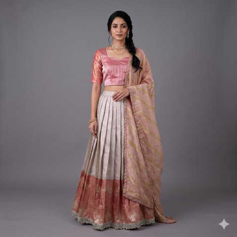 Off White & Peach Tissue Half Saree