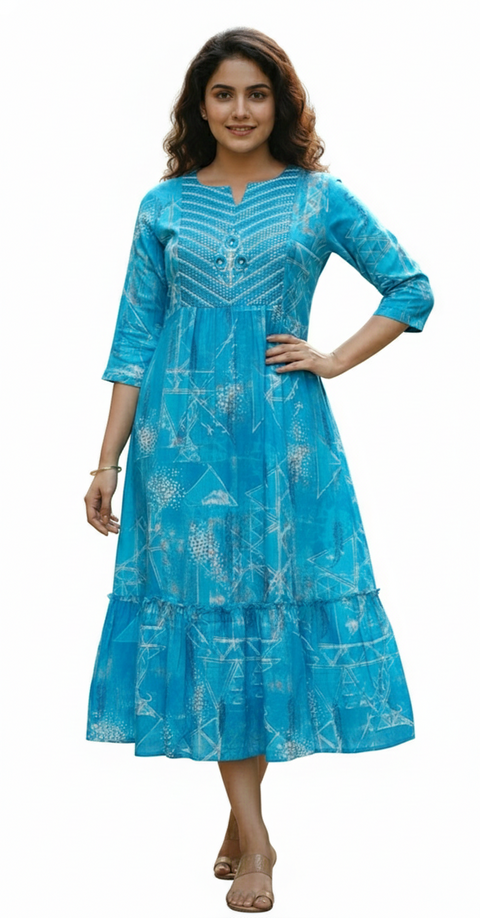 Indigo-Inspired A-Line long Kurti with Embroidery