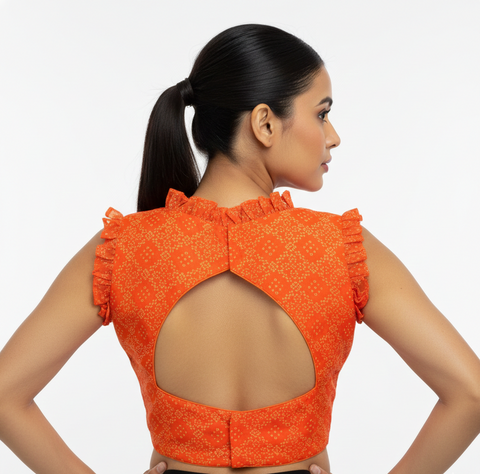 Orange Readymade Blouse with Bandhini print