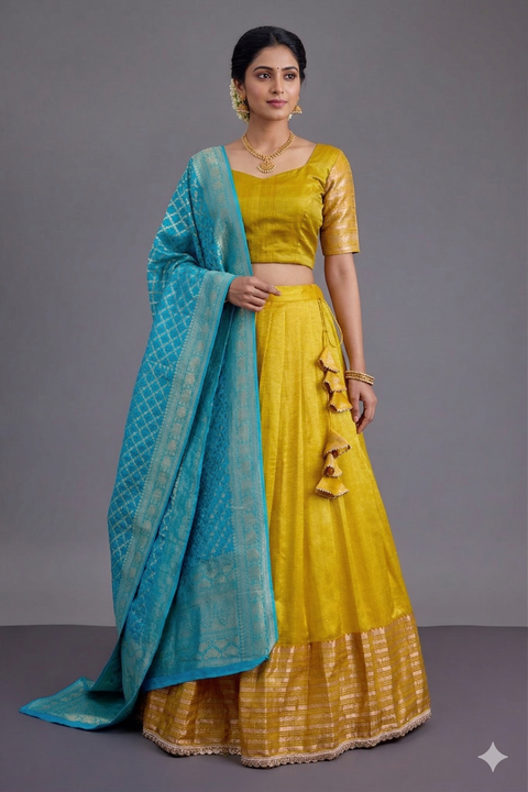 Yellow and Blue Mangalgiri Half Saree