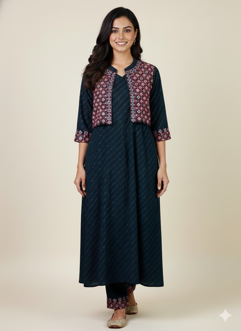 Dark Green Kurta & Pant set with Jacket