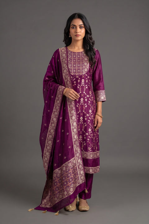 Wine Tussar Suit set