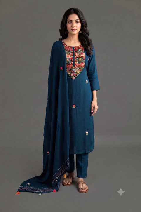 Navy Blue French Embroidery Kurta Set