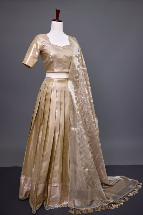 Beige and Gold Tissue Half Saree