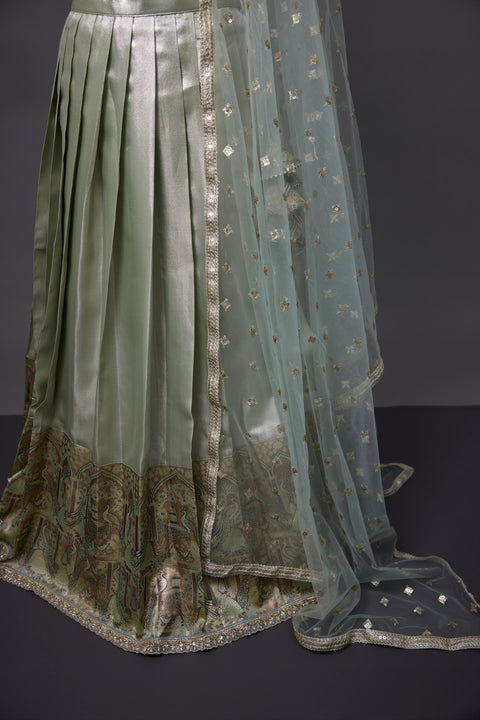 Green & Brown Tissue Half Saree