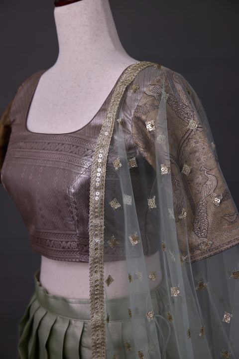 Green & Brown Tissue Half Saree