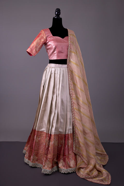 Off White & Peach Tissue Half Saree