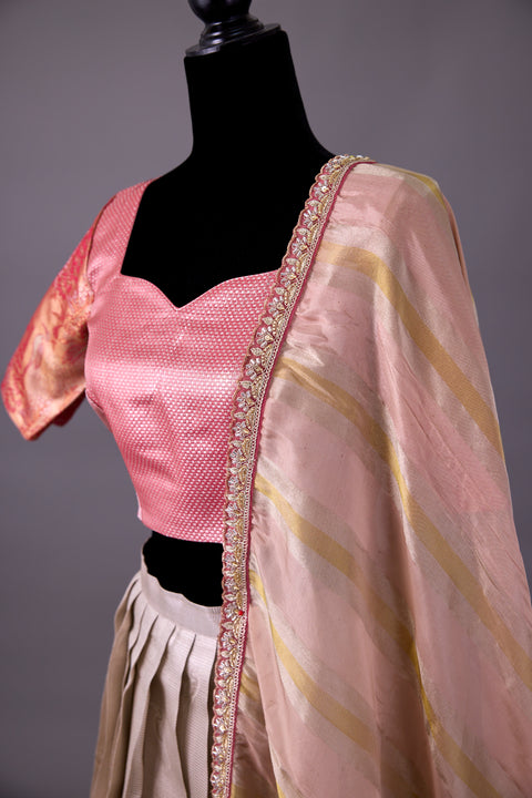 Off White & Peach Tissue Half Saree